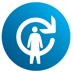 Blue icon depicting a person and a circular 360 degree arrow.