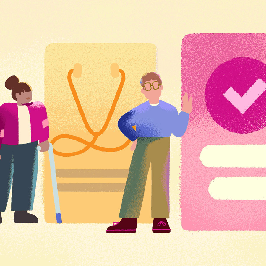 graphic illustration of person on crutches and another person standing in front of giant insurance card