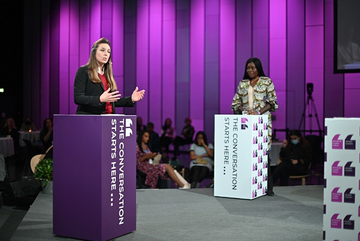 Shannon Bagley speaks at the Global Forum in Raykjavik, Iceland in November 2021.