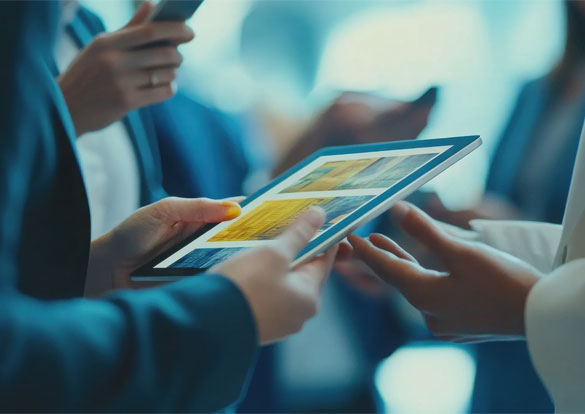 Person in a suit and a medical professional holding a tablet